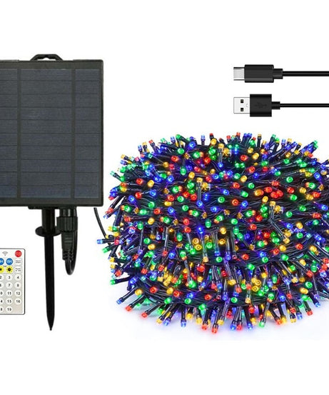 Instalatie Solara cu USB Joyful Box, 50 Metri, 500 LED-uri, Multicolor, Panou solar mare, 2200mAh, 19 jocuri de lumini, Telecomanda Profesionala Wireless