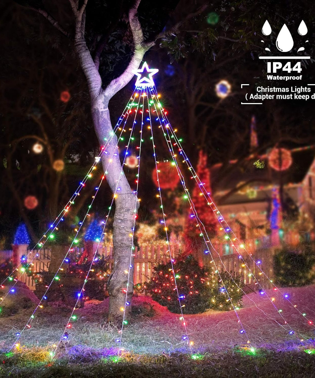 Instalatie Solara Perdea cu Stea Joyful Box, 350 LED-uri, 9 franjuri, Multicolor, 8 jocuri de lumini, Panou solar mare, Telecomanda Wireless