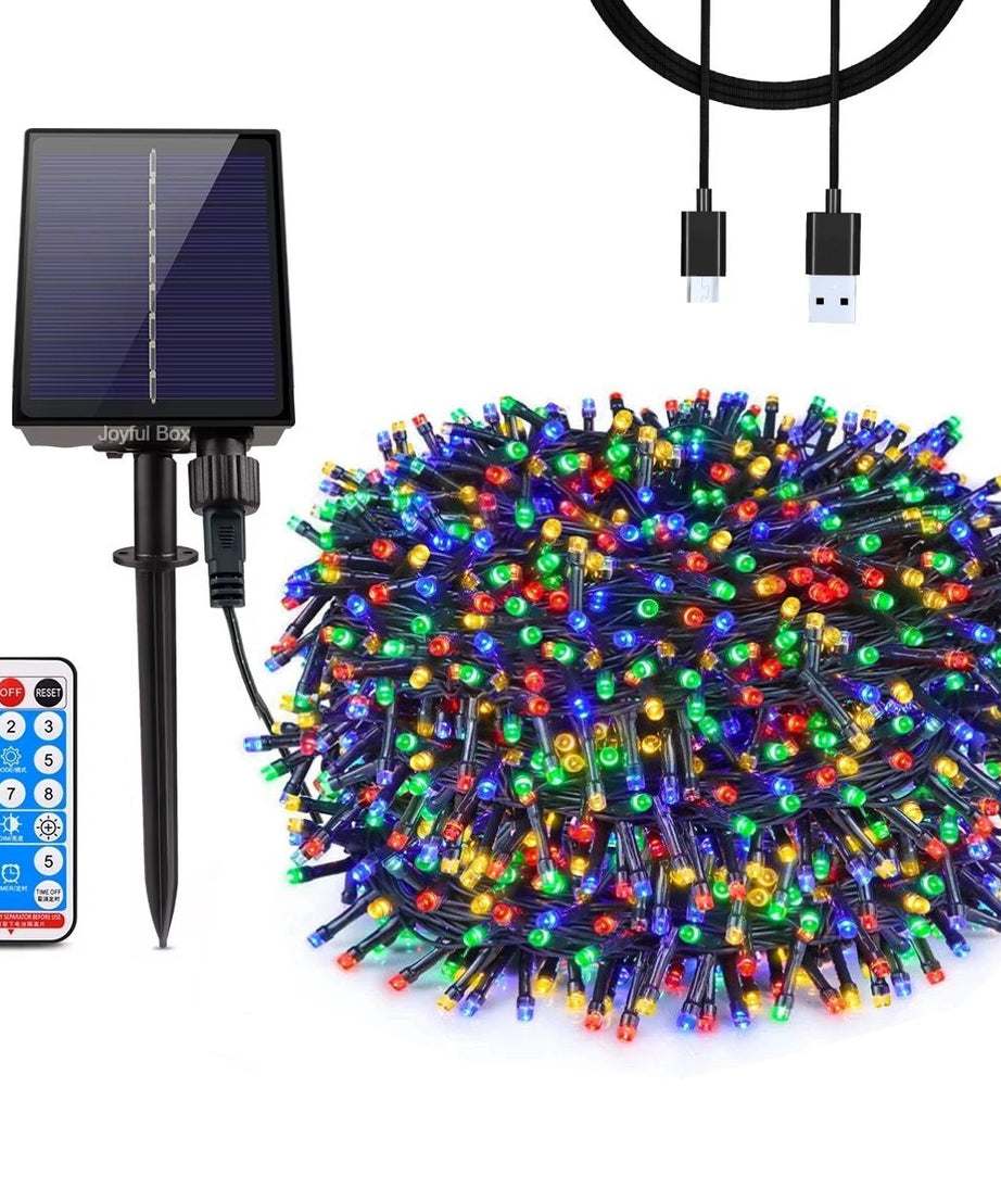 Instalatie Solara cu USB Joyful Box, 20 Metri, 200 LED-uri, Multicolor, Panou solar mare, 2200mAh, 8 jocuri de lumini, Telecomanda Wireless