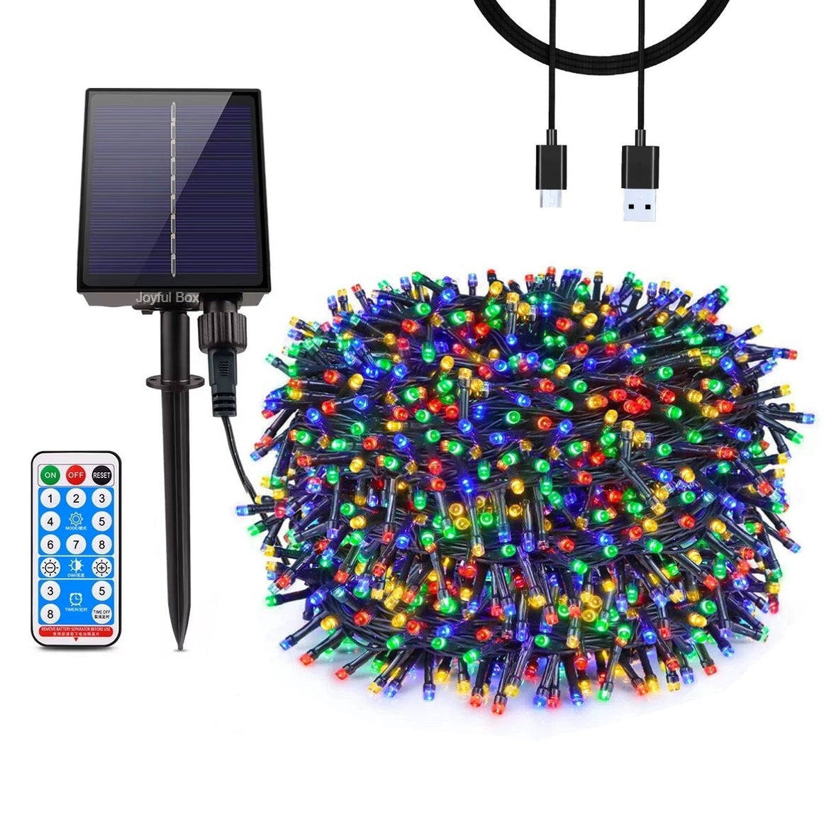Instalatie Solara cu USB Joyful Box, 20 Metri, 200 LED-uri, Multicolor, Panou solar mare, 2200mAh, 8 jocuri de lumini, Telecomanda Wireless
