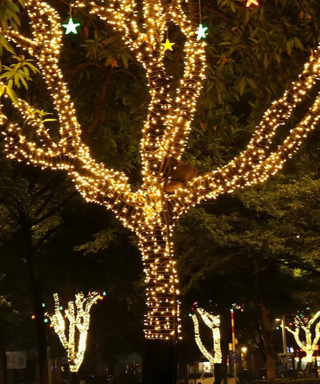 Instalatie Liniara Joyful Box, Galben, 100 Metri, 500 LED-uri tip diamant si 8 jocuri de lumini, pentru interior si exterior, Lumina alba calda