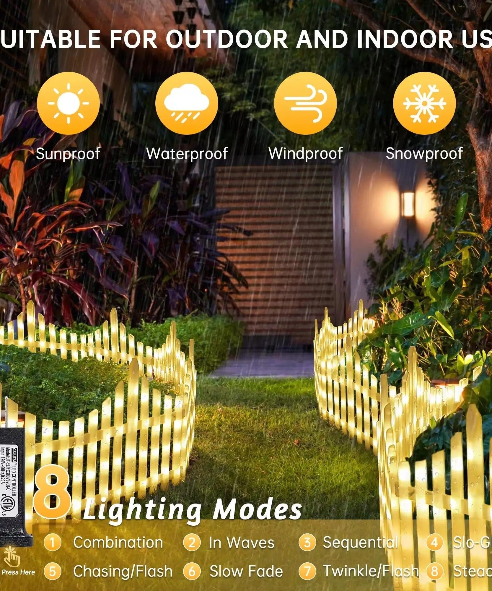 Gard decorativ cu LED-uri Joyful Box, 2.8 Metri, Galben, 8 moduri de iluminare, Interconectabil, Interior-Exterior, Lumina Alba Calda, 220W