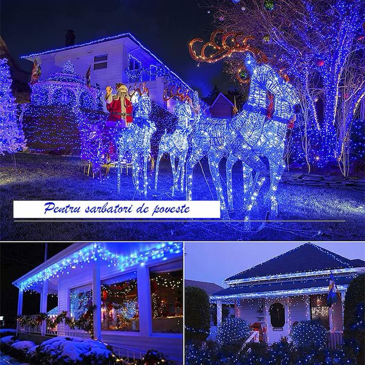 Instalatie Liniara Joyful Box, Albastru, 50 Metri, 250 LED-uri tip diamant si 8 jocuri de lumini, pentru interior si exterior