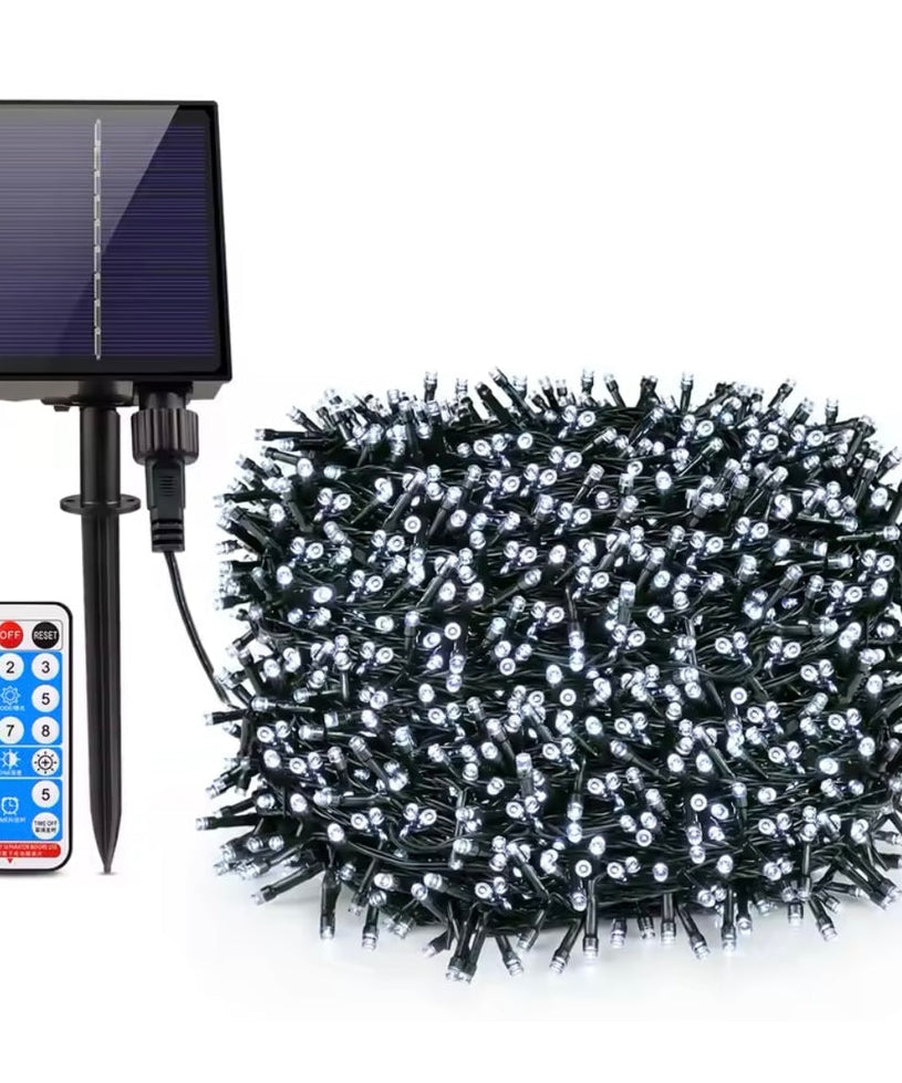 Instalatie Solara Joyful Box, 60 Metri, 600 LED-uri, Alb rece, Panou solar mare, 1200mAh, Telecomanda Wireless