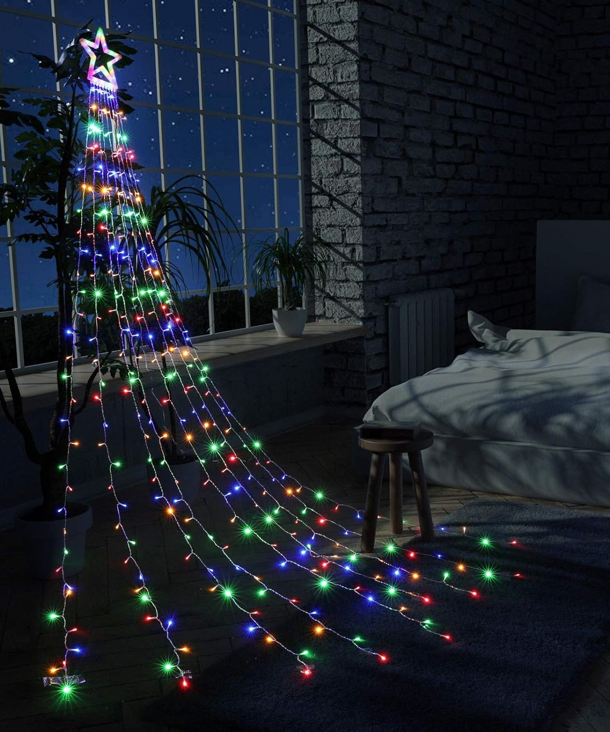 Instalatie Solara Perdea cu Stea Joyful Box, 350 LED-uri, 9 franjuri, Multicolor, 8 jocuri de lumini, Panou solar mare, Telecomanda Wireless