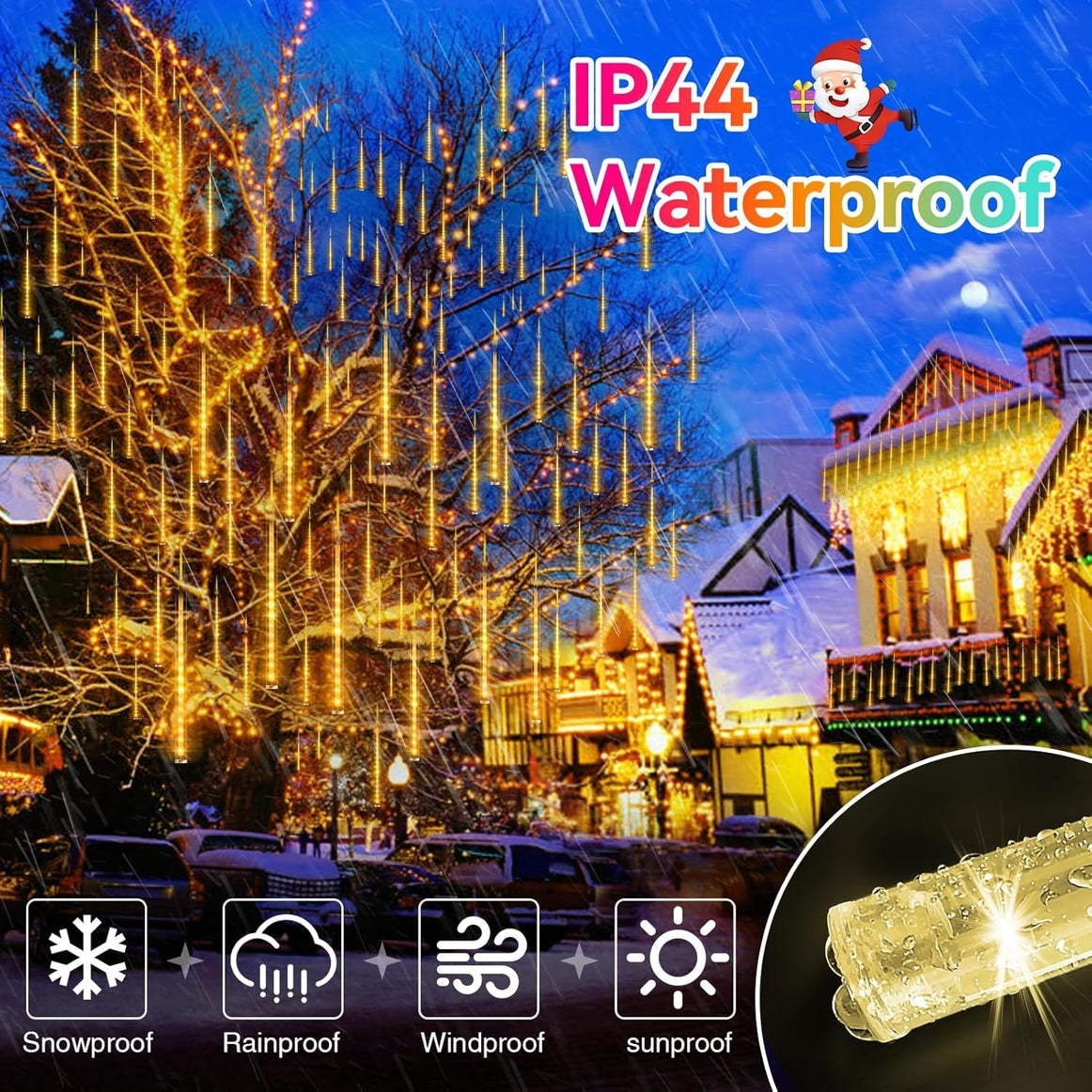 Instalatie Craciun Ploaie Meteori Joyful Box, 8 tuburi 30 cm, 4.5 Metri, Galben, Efect ploaie de stele, Interconectabila