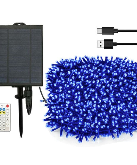 Instalatie Solara cu USB Joyful Box, 50 Metri, 500 LED-uri, Albastru, Panou solar mare, 2200mAh, 19 jocuri de lumini, Telecomanda Profesionala Wireless