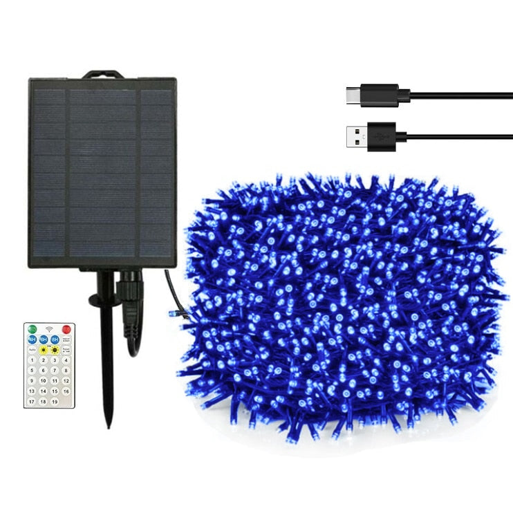 Instalatie Solara cu USB Joyful Box, 50 Metri, 500 LED-uri, Albastru, Panou solar mare, 2200mAh, 19 jocuri de lumini, Telecomanda Profesionala Wireless