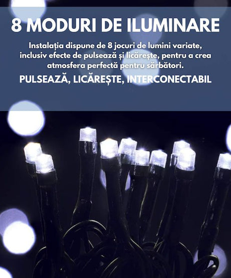 Instalatie Liniara Joyful Box, Alb rece, 100 Metri, 500 LED-uri tip diamant si 8 jocuri de lumini, pentru interior si exterior