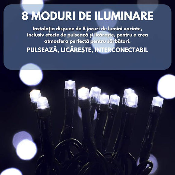 Instalatie Liniara Joyful Box, Alb rece, 100 Metri, 500 LED-uri tip diamant si 8 jocuri de lumini, pentru interior si exterior