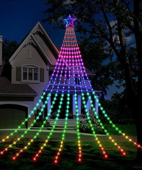 Instalatie Solara Perdea cu Stea Joyful Box, 350 LED-uri, 9 franjuri, Multicolor, 8 jocuri de lumini, Panou solar mare, Telecomanda Wireless