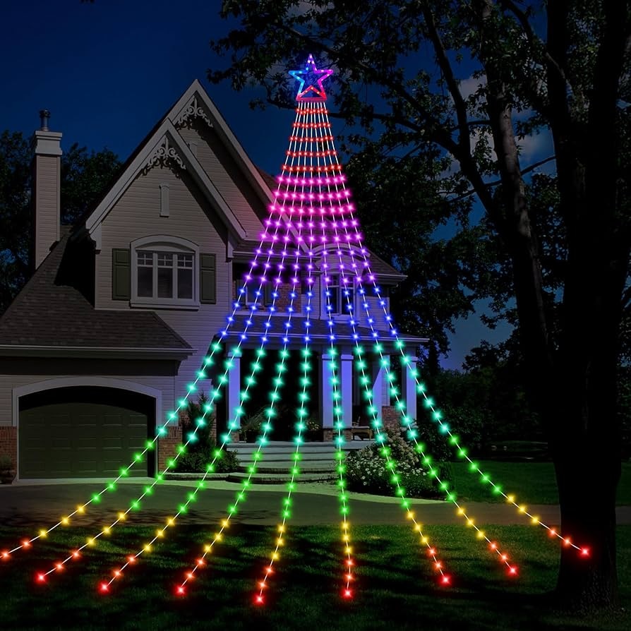 Instalatie Solara Perdea cu Stea Joyful Box, 350 LED-uri, 9 franjuri, Multicolor, 8 jocuri de lumini, Panou solar mare, Telecomanda Wireless