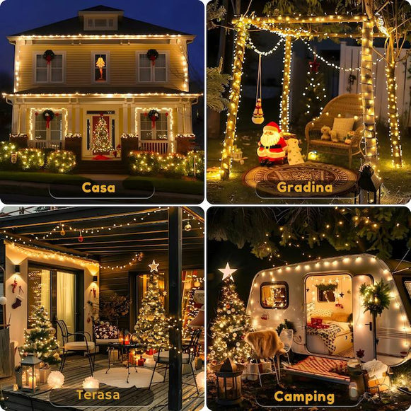 Instalatie Liniara Joyful Box, Galben, 50 Metri, 250 LED-uri tip diamant si 8 jocuri de lumini, pentru interior si exterior, Lumina alba calda