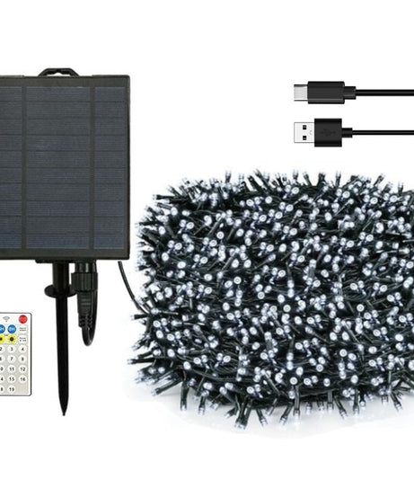 Instalatie Solara cu USB Joyful Box, 50 Metri, 500 LED-uri, Alb rece, Panou solar mare, 2200mAh, 19 jocuri de lumini, Telecomanda Profesionala Wireless